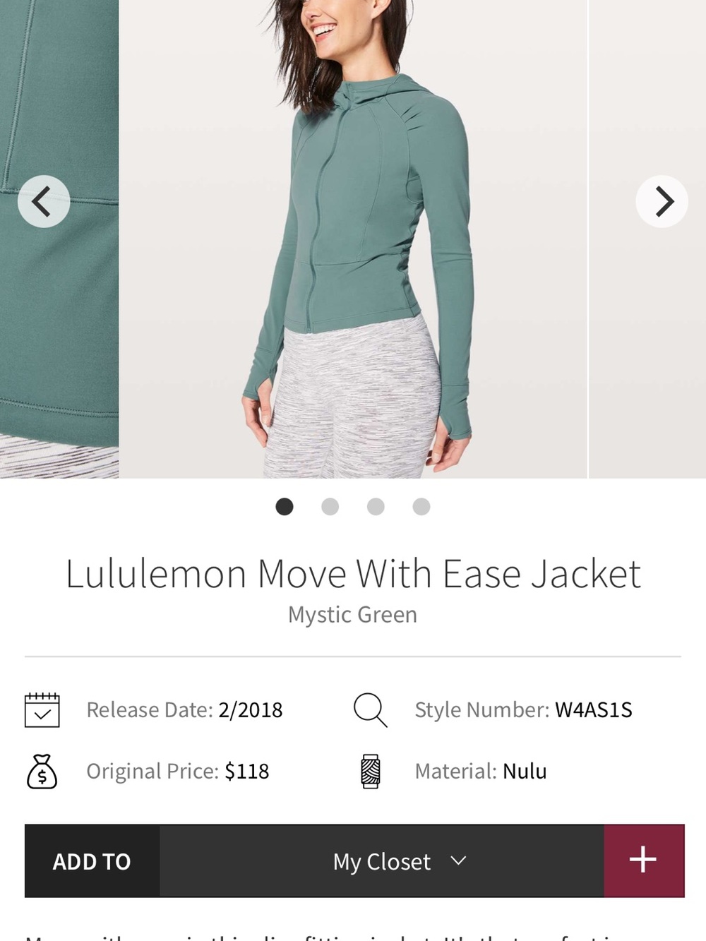 lululemon athletica Move With Ease Jacket - Mystic Green